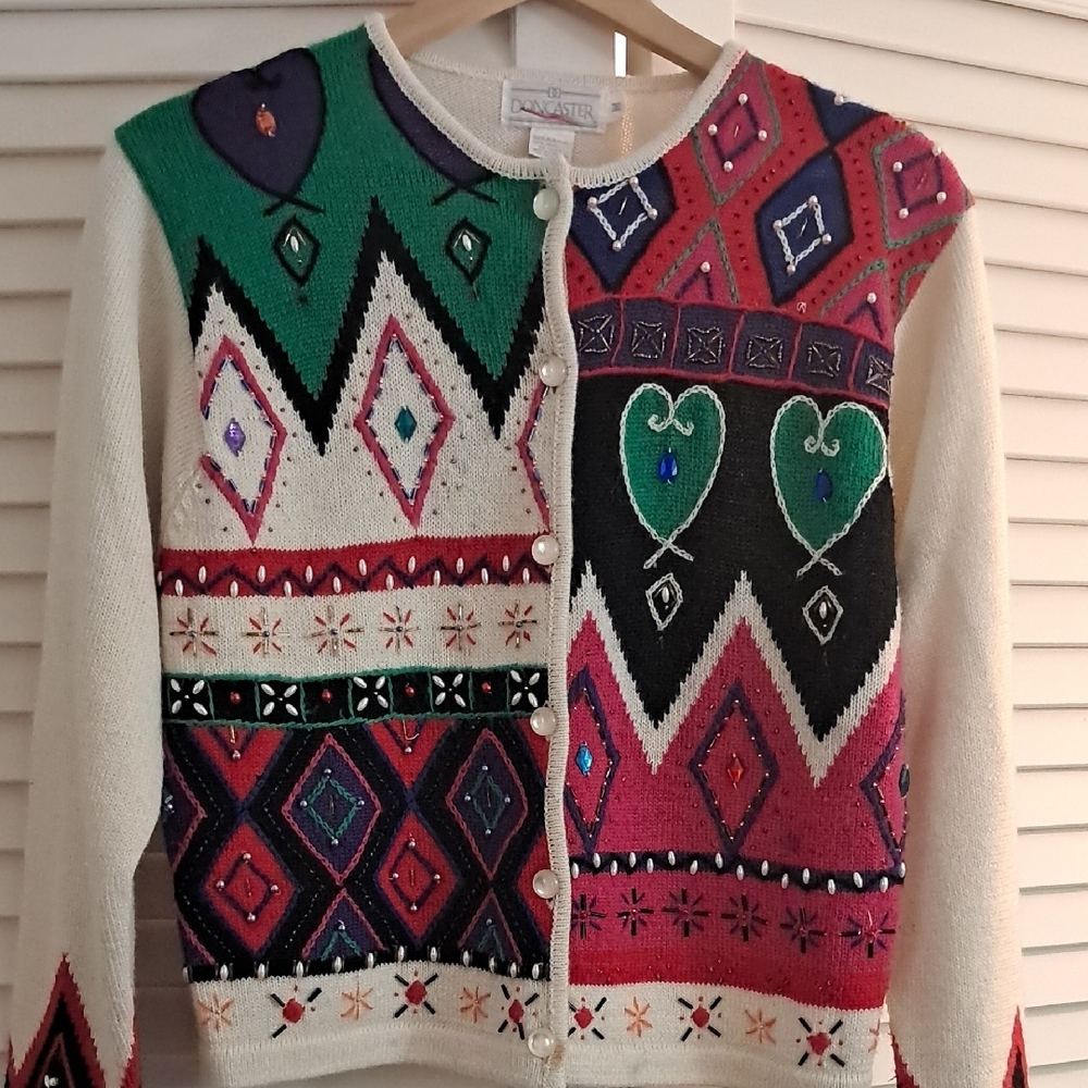 Vintage Green and Pink Cardigans with Geometric Patterns